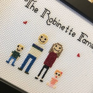 Family cross stitch pet portrait, custom, personalised, handmade keepsake, artwork, memory, generational home decor, anniversary, engagement image 6