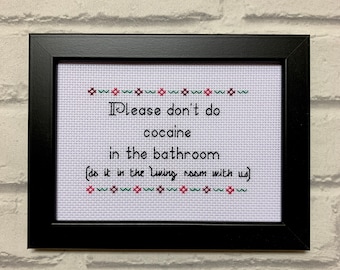 Please share cocaine in the bathroom, please don’t do coke funny cross stitch, birthday gift her him, bathroom fun artwork needlepoint