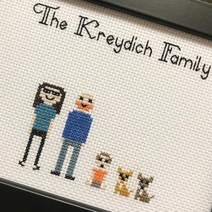 Family cross stitch pet portrait, custom, personalised, handmade keepsake, artwork, memory, generational home decor, anniversary, engagement 5 Figures