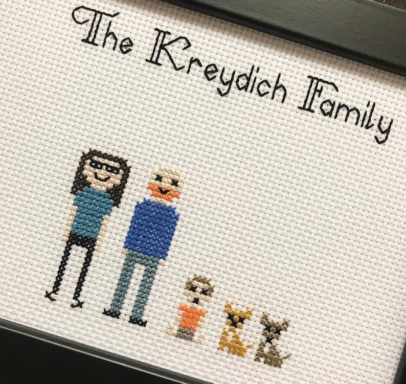 Family cross stitch pet portrait, custom, personalised, handmade keepsake, artwork, memory, generational home decor, anniversary, engagement 5 Figures