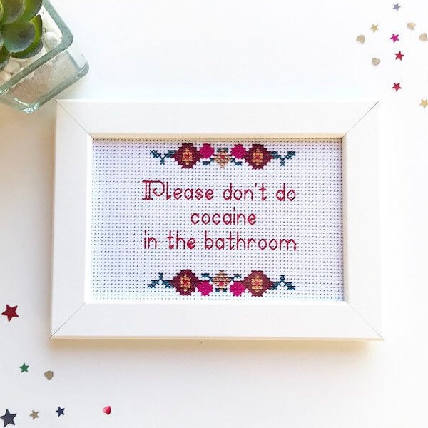 PRINT Framed  'please don't do cocaine in the bathroom' cross stitch style print | wall art | funny coke birthday gift | him her best friend