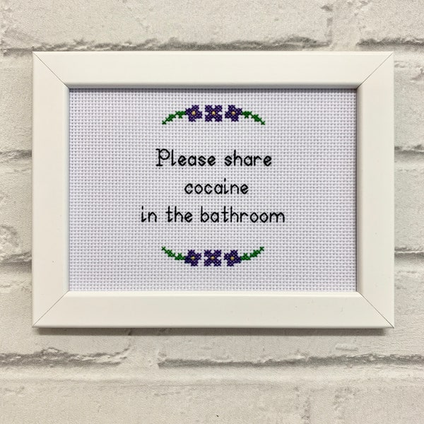 Please share cocaine in my bathroom, framed completed cross stitch, funny snarky subversive coke needlepoint, embroidery, bathroom art decor