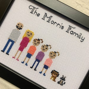 Family cross stitch pet portrait, custom, personalised, handmade keepsake, artwork, memory, generational home decor, anniversary, engagement image 3