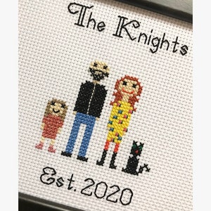 Family cross stitch pet portrait, custom, personalised, handmade keepsake, artwork, memory, generational home decor, anniversary, engagement 4 Figures