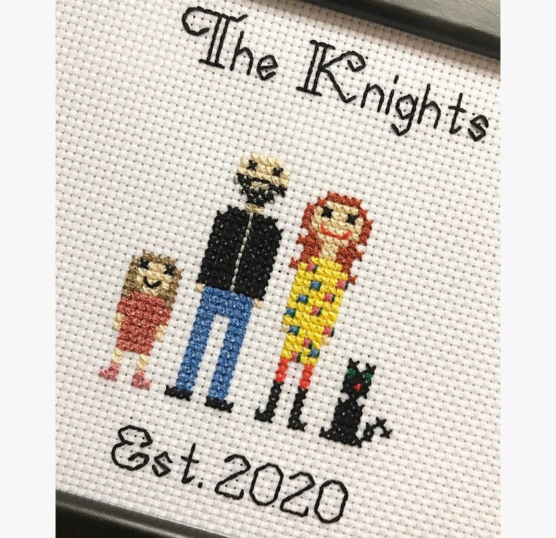 Family cross stitch pet portrait, custom, personalised, handmade keepsake, artwork, memory, generational home decor, anniversary, engagement 4 Figures