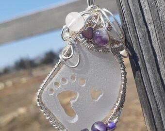 Seaglass Pendant, carved heart and barefoot
