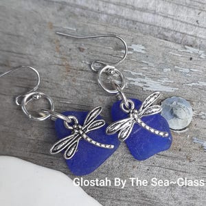 Authentic Seaglass Earrings, cobalt blue seaglass earrings, dragonfly earrings, earrings, dragonflies, seaglass earrings, blue seaglass