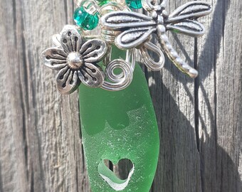 Green Seaglass with hand Carved Heart, flowers and Dragonfly Charms