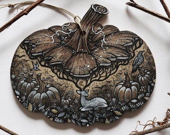 Original Magical Pumpkin ornament - Original Small Wood Art, Wood Art, Night, Wood painting. Illustrated by Melpomeni Chatzipanagiotou