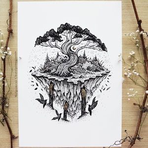 Limited edition print, Bonsai Mountain Tree | Pen drawing, Birds, Space, Nature, Landscape, Mountain, pen art, botanical art | A4 size Print
