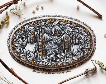 Mystical Camping \\ Original Wood Slice Art, Camping, Wood Art, Night, Wood painting. Designed by Melpomeni Chatzipanagiotou