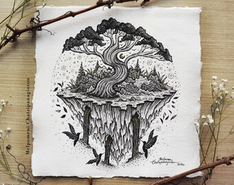 Small Original Artwork ''Bonsai Mountain Tree'' || Handmade Paper, Stars, Night, Deer, Fantasy Art, autumn, Trees Art by Menis Art