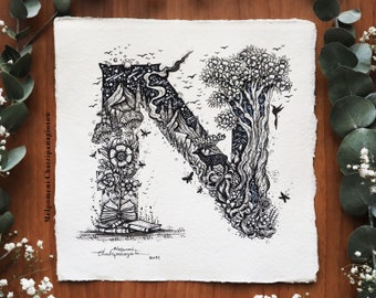 Small Original Artwork ''Letter N'' || Handmade Paper, Stars, Night, Flowers, Fantasy Art, Mountains, Deer, Books, Trees Art by Menis Art