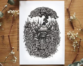Vulkanandar Penna & Bläck Illustration Tryck: Varg, Botanisk Linjeteckning (A4-storlek)