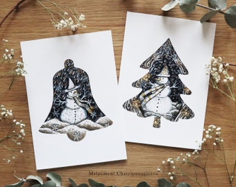 A5 size set of two snowman bell and tree prints - limited edition print | Pen drawing, Nature,  Snowman, Winter, Bell, Christmas Art