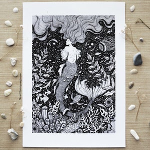 Mermaid Spell | Sea, Ocean, Pen drawing, Sea turtle, Coral Reef | Fine Art print
