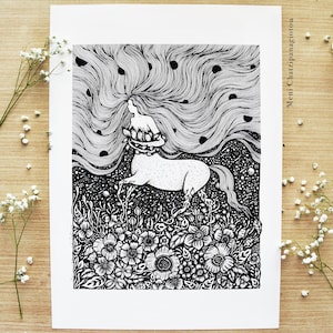 ケンタウリデス | ペン画、ファンタジーアート、神話アート、夜、自然、月、植物、花 | A4サイズプリント 画像 1