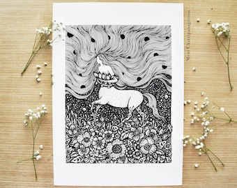 Centaurides | Pen drawing, Fantasy Art, Mythical Art, Night, Nature, Nature, Moon, Botanical, Flowers | A4 size Print