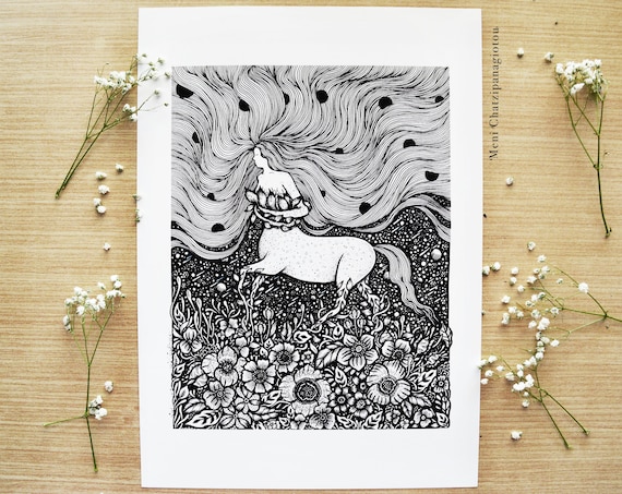 Centaurides | Pen drawing, Fantasy Art, Mythical Art, Night, Nature, Nature, Moon, Botanical, Flowers | A4 size Print
