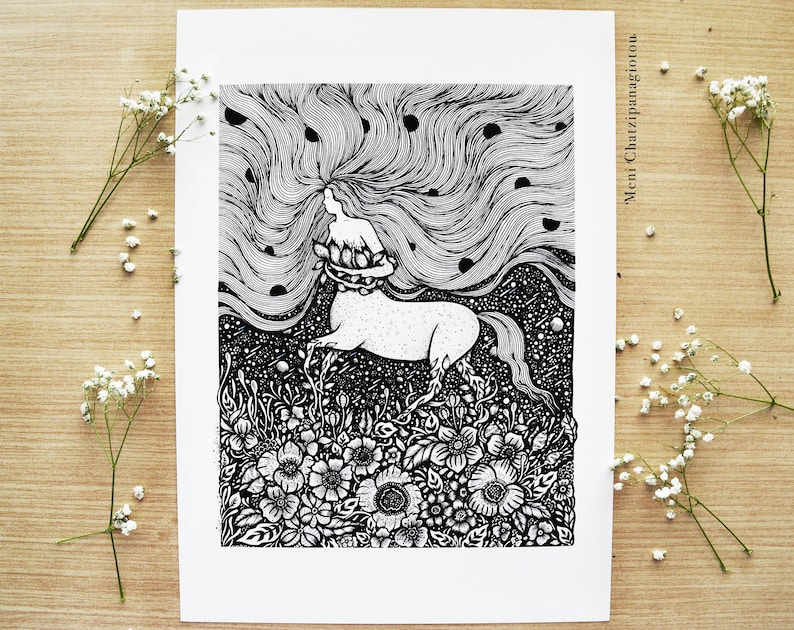 ケンタウリデス | ペン画、ファンタジーアート、神話アート、夜、自然、月、植物、花 | A4サイズプリント 画像 1