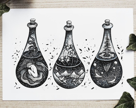 Life in a Bottle Bottle Art, Pen Drawing, Whale, Nature, Landscape,  Mountains, Decor Art, Woman A4 Size Print 