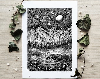 Voyage of Discovery | Pen drawing, Boat, Night, Nature, Landscape, Mountains | A4 size Print