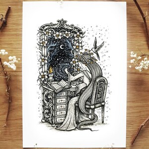 May include: Black and white illustration of a woman seated at a desk, with a celestial scene visible through a window. The artwork features floral accents, a bird in flight, and a detailed depiction of a desk with drawers and an open book.
