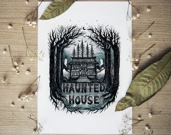 Haunted House || A4 size Print. Landscape, Halloween, Ghost, Trees, Mountains, Bat, Night. Designed by Menisart