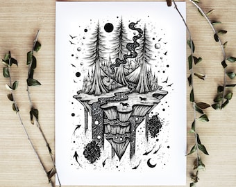 Floating Dreams|| A4 size Print. Scenery, Birds, Sea, Fish, Nature, Space, Night, Mountain , Trees. Designed by Menisart