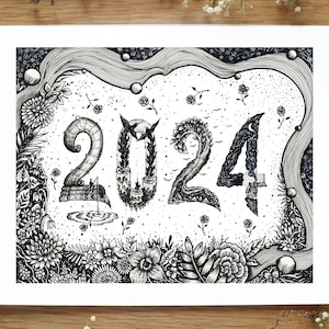 2024 Typography Illustration Landscape, Pen drawing, Cabin, Flowers, Botanical, Space, Scenery, Nature, Decor Art A4 size Print image 1