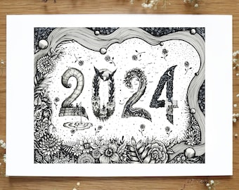 2024 Typography Illustration | Landscape, Pen drawing, Cabin, Flowers, Botanical, Space, Scenery, Nature, Decor Art | A4 size Print