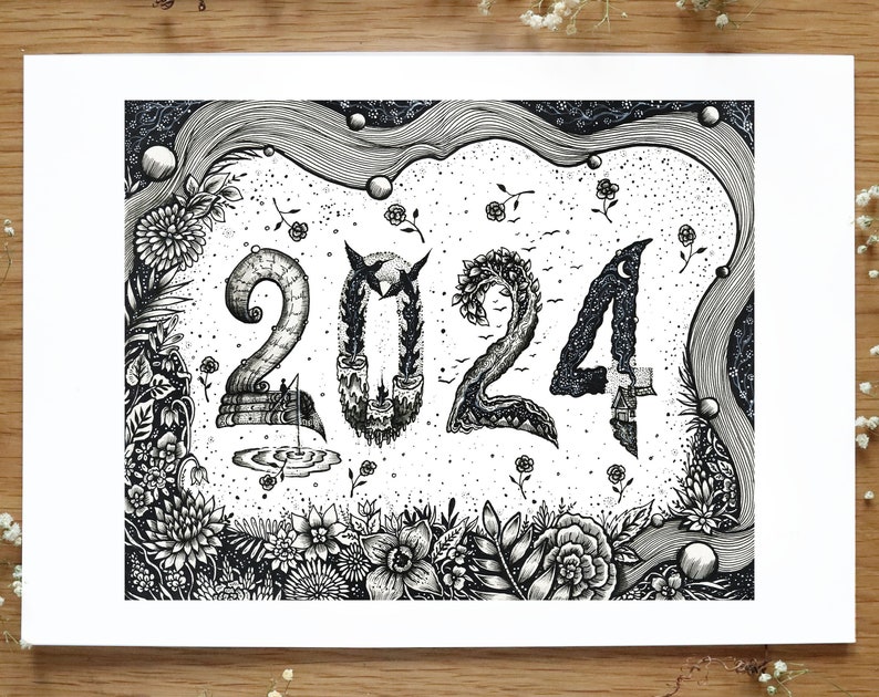 2024 Typography Illustration Landscape, Pen drawing, Cabin, Flowers, Botanical, Space, Scenery, Nature, Decor Art A4 size Print image 1