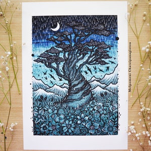 Tree of Starlight || A4 size single Print, Flowers, Forest, Nature, flock of birds, Moon. Illustrated by Melpomeni Chatzipanagiotou