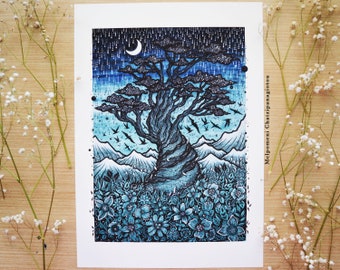 Tree of Starlight || A4 size single Print, Flowers, Forest, Nature, flock of birds, Moon. Illustrated by Melpomeni Chatzipanagiotou