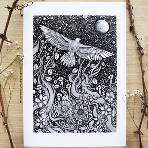 Soaring into the Night || Fine Art Print, Flowers, Botanical, Forest, Nature, Forest, Eagle, Moon. Designed by Melpomeni Chatzipanagiotou