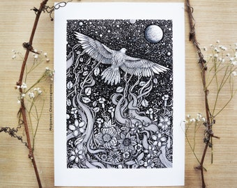 Soaring into the Night || Fine Art Print, Flowers, Botanical, Forest, Nature, Forest, Eagle, Moon. Designed by Melpomeni Chatzipanagiotou