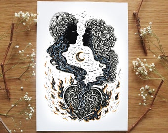 Burning Love - limited edition print | Pen drawing, Nature, Valentines Day, Lovers, Couple, heart locket, Ink Illustration | A4 size Print