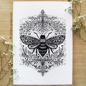 Queen Bee | Drawing, Fantasy Art, Bee Art, Night, Nature, Pattern design, Moon, Flowers | A4 size Print