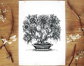 Bonsai Flor Planta Árvore - impressão de edição limitada | Desenho a caneta e tinta, Natureza, Arte Popular, Camping, Botânica, Decoração de Parede | Impressão tamanho A4