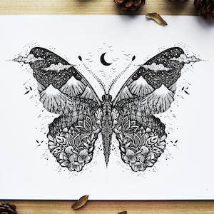May include: Black and white line art drawing of a butterfly with a mountain range, forest, and moon in the wings.
