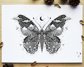 Butterfly | Pen drawing, Fantasy Art, Folk Art, Night, Nature, Landscape, Mountains, Flowers, River | A4 size Print