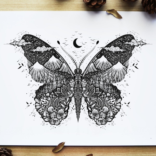 Papillon | Dessin à la plume, Art fantastique, Art populaire, Nuit, Nature, Paysage, Montagnes, Fleurs, Rivière | Impression au format A4