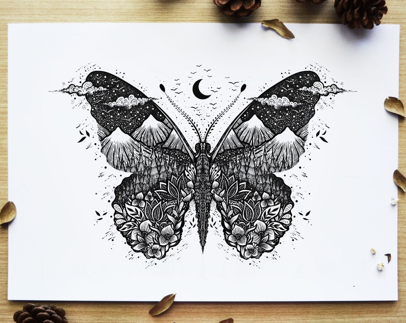 May include: Black and white line art drawing of a butterfly with a mountain range, forest, and moon in the wings.