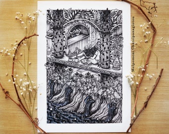 Balcony of Dreams || Fine Art Print, Flowers, Pillars, Nature, Book, Moon. Illustrated by Melpomeni Chatzipanagiotou