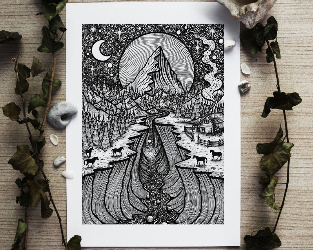 Embrace of Life | Pen drawing, Moon, Night, Nature, Landscape, Mountains,  Wolf, River | Fine Art Print
