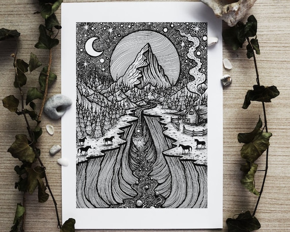 The Land of Horses | Pen drawing, Moon, Night, Nature, Landscape,  Mountains, Cabin, River | Fine Art Print