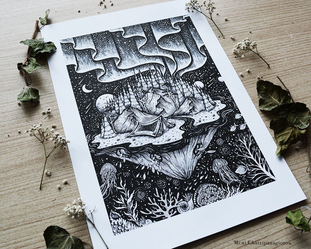 Aurora Borealis Northerns Lights Pen Drawing Mountain Etsy