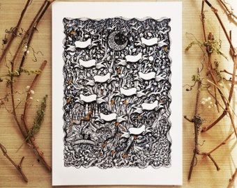 Family Tree with tags || Fine Art Print, Flowers, Tree, Nature, Love, Moon. Illustrated by Melpomeni Chatzipanagiotou