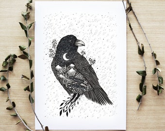 The Raven, limited edition print | Pen drawing, Moon, Nature, Nursery Decor, Folk Art, Mountains, Mountains, Bird | A4 size Print