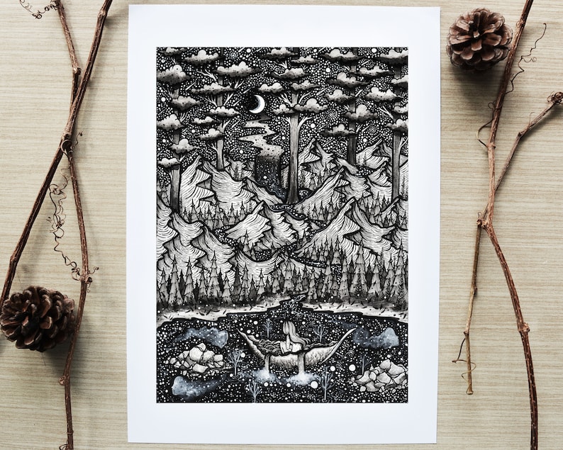 Soul Lake Pen drawing, Moon, Night, Nature, Landscape, Fantasy Art, Folk Art,Mountains, River A4 size Print image 1